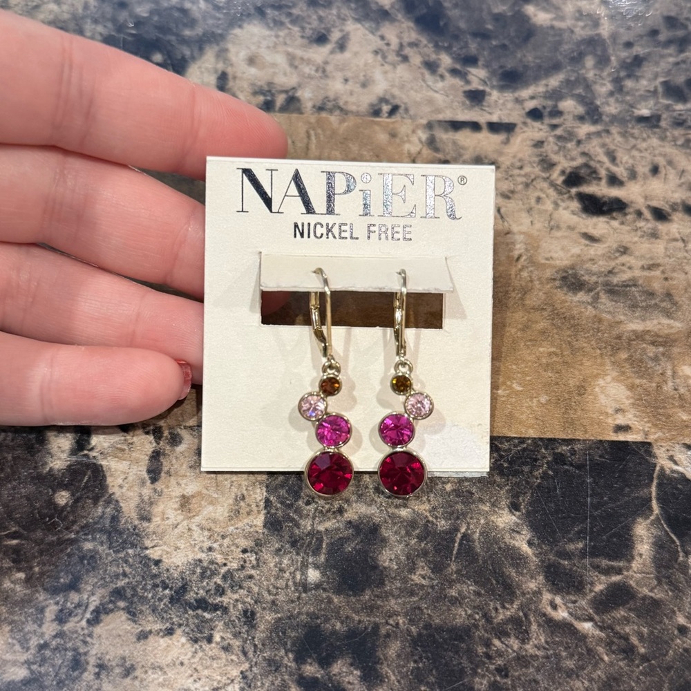 Napier Gold-Tone Pink & Red Crystal Drop Earrings - Picture 2 of 6